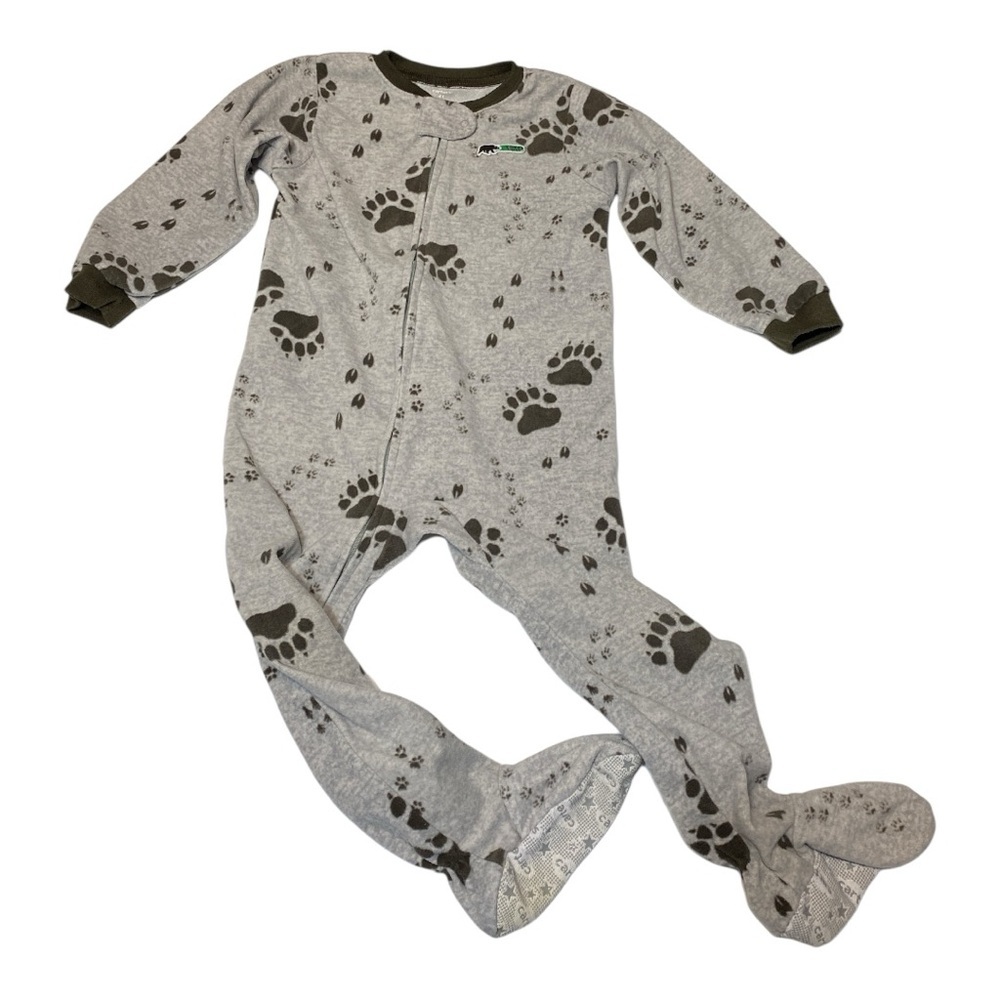 Carters one piece footed fleece pajamas gray brown paw prints 100% poly …